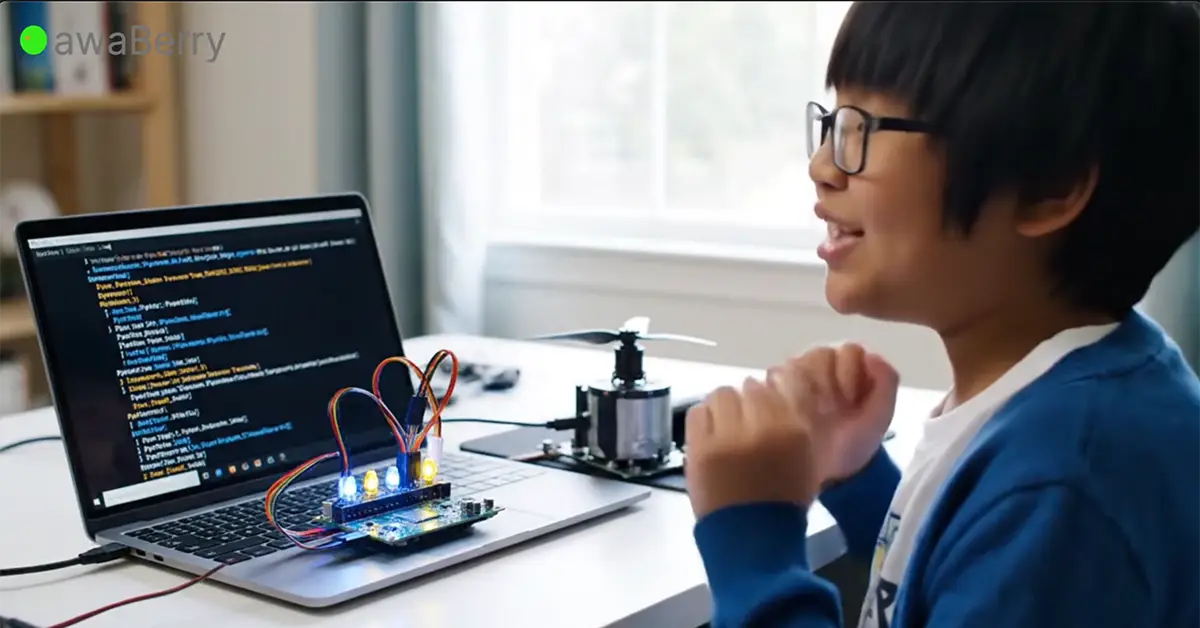 A child setting up a Raspberry Pi